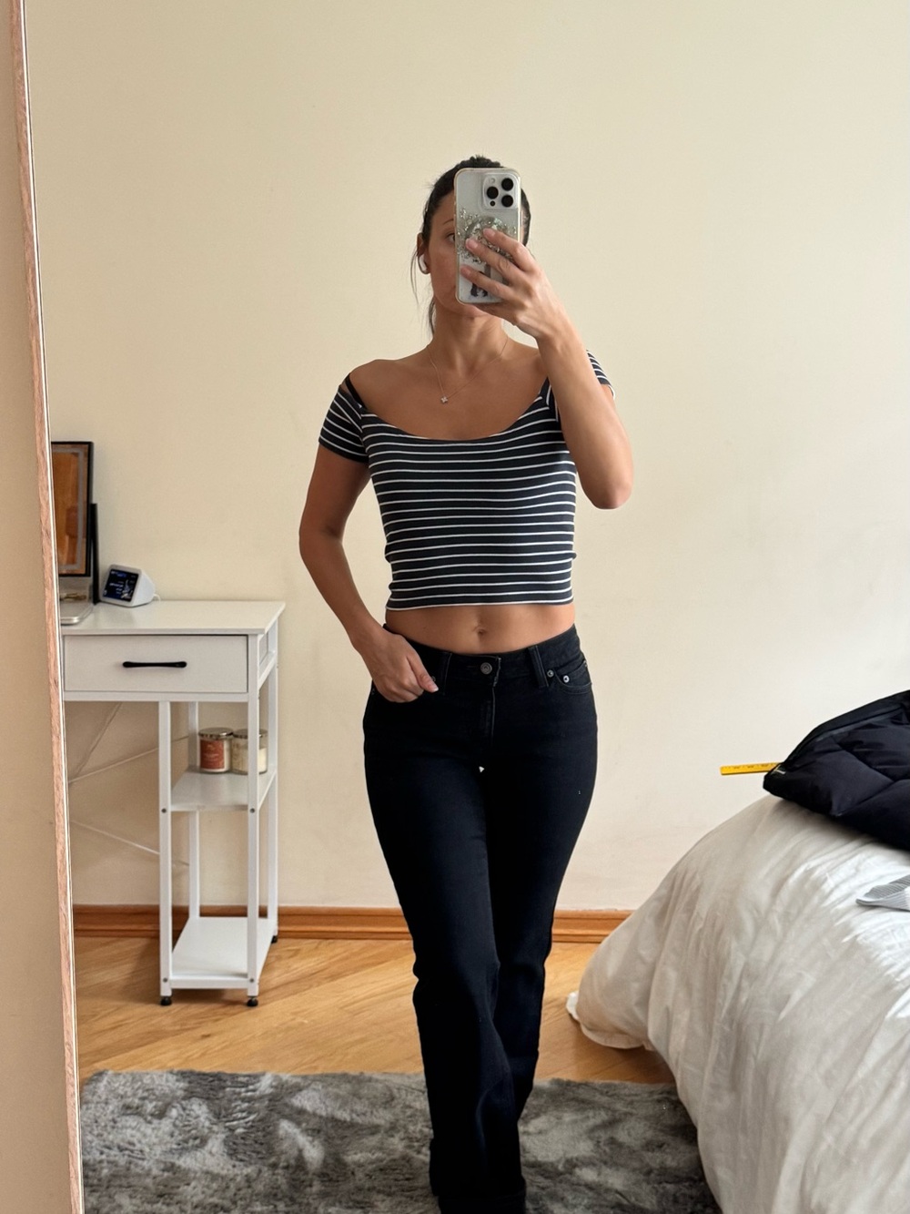 Brandy Melville Black and White Striped Off-Shoulder Crop Top